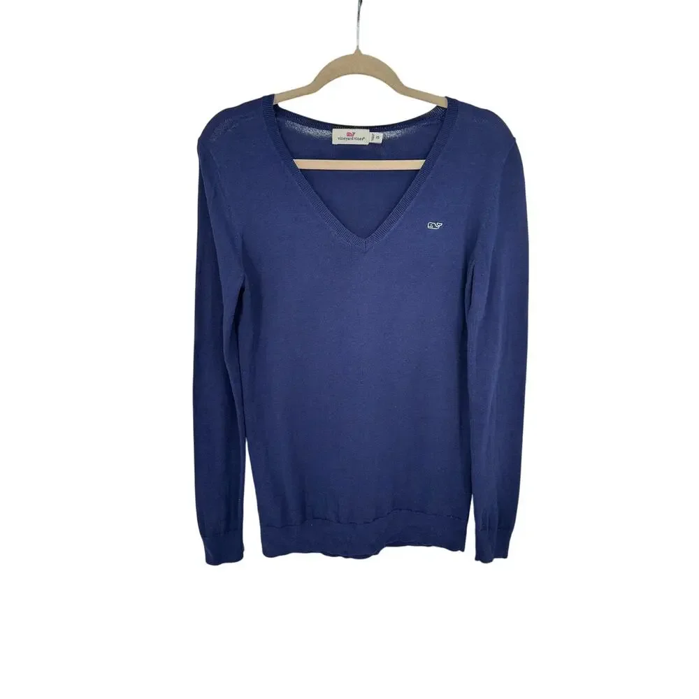 Vineyard Vines Blue V-Neck Sweater Womens XS Cotton Long Sleeve Whale Logo EUC